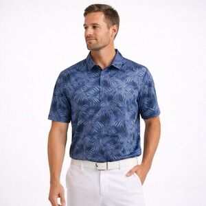 Travis Mathew Polo Shirt Mens Large Palm Leaf Print Pima Cotton Golf Casual AOP